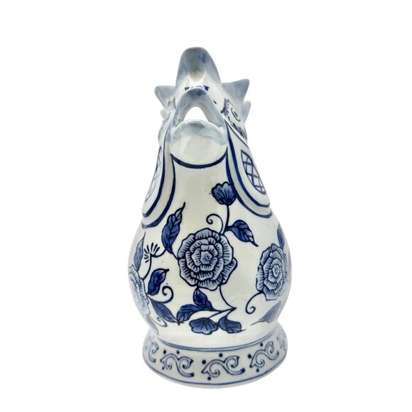 Bella Casa Rooster Pitcher Blue and White Ceramic with Floral Design 8" Tall - Picture 2 of 7